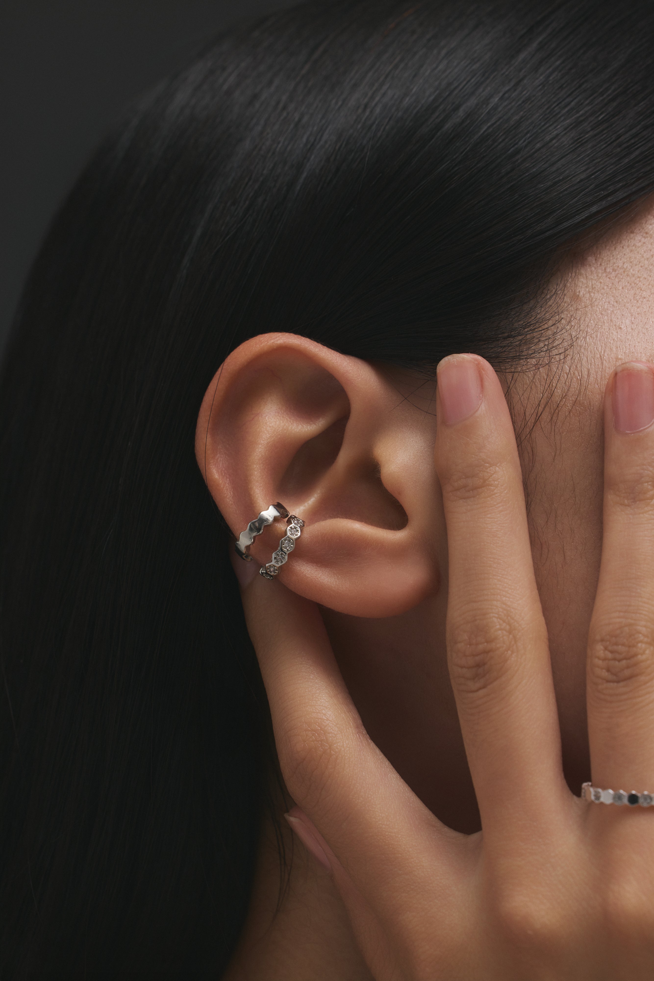 【シルバー】Honeycomb Edge Ear Cuff Set